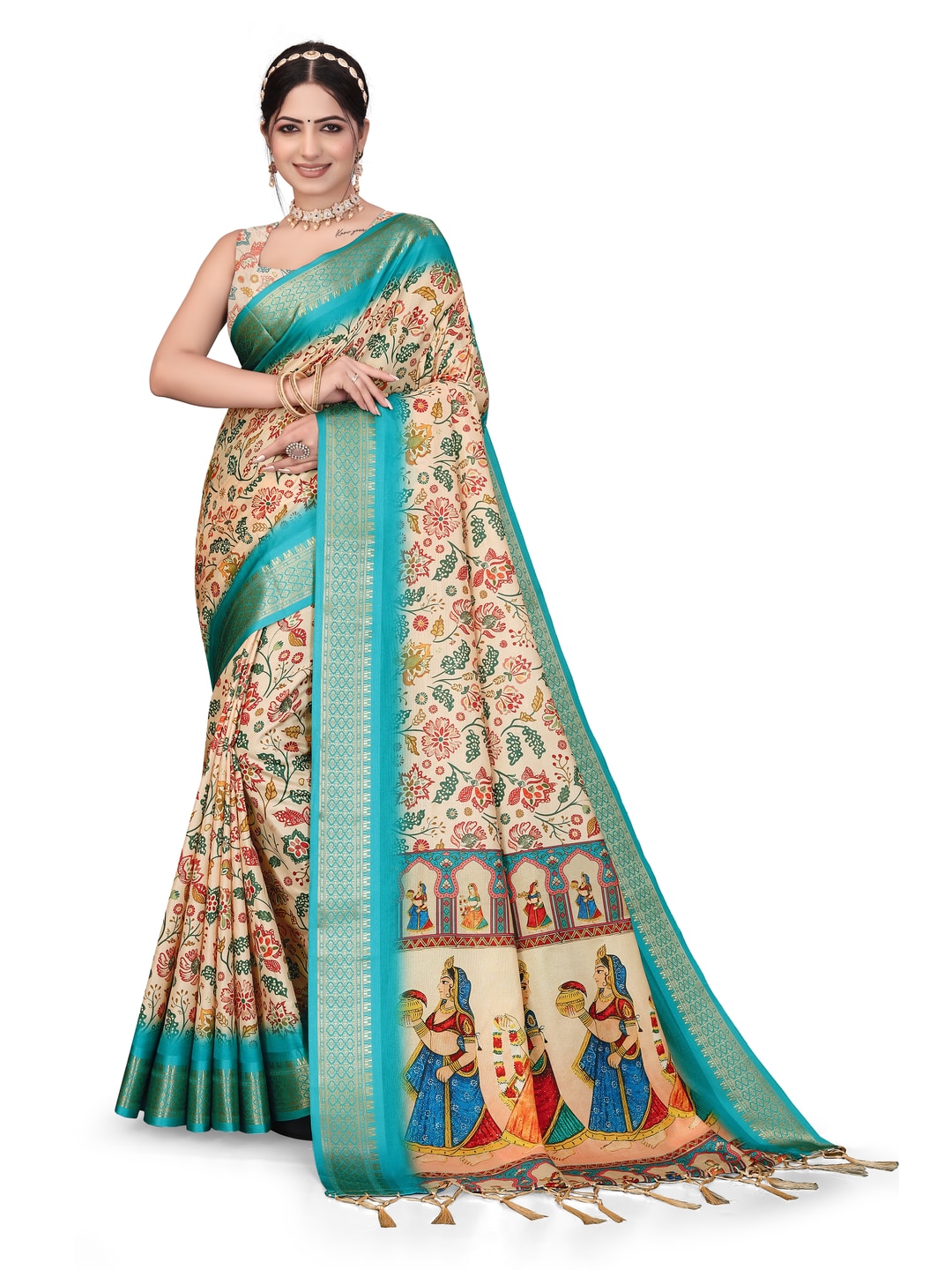 Peachmode Cream Cotton Silk Digital Print Saree with Jacquard Border - Image 27