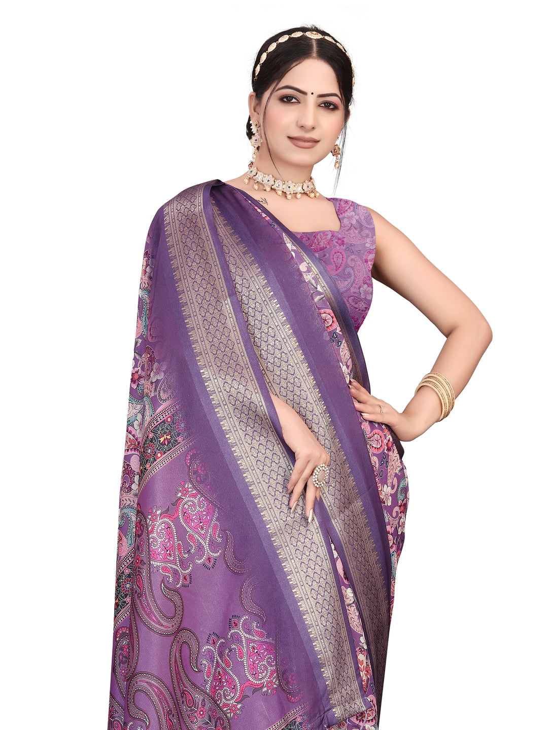 Peachmode Purple Cotton Silk Digital Print Saree with Jacquard Border - Image 20