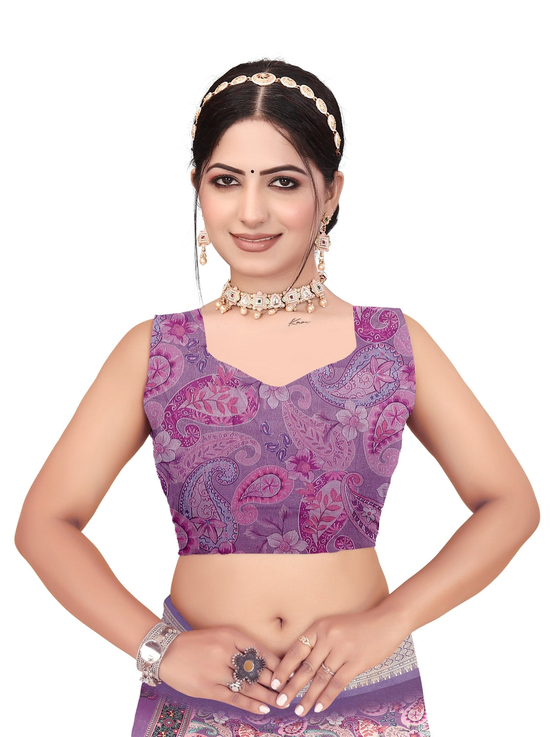 Peachmode Purple Cotton Silk Digital Print Saree with Jacquard Border - Image 21