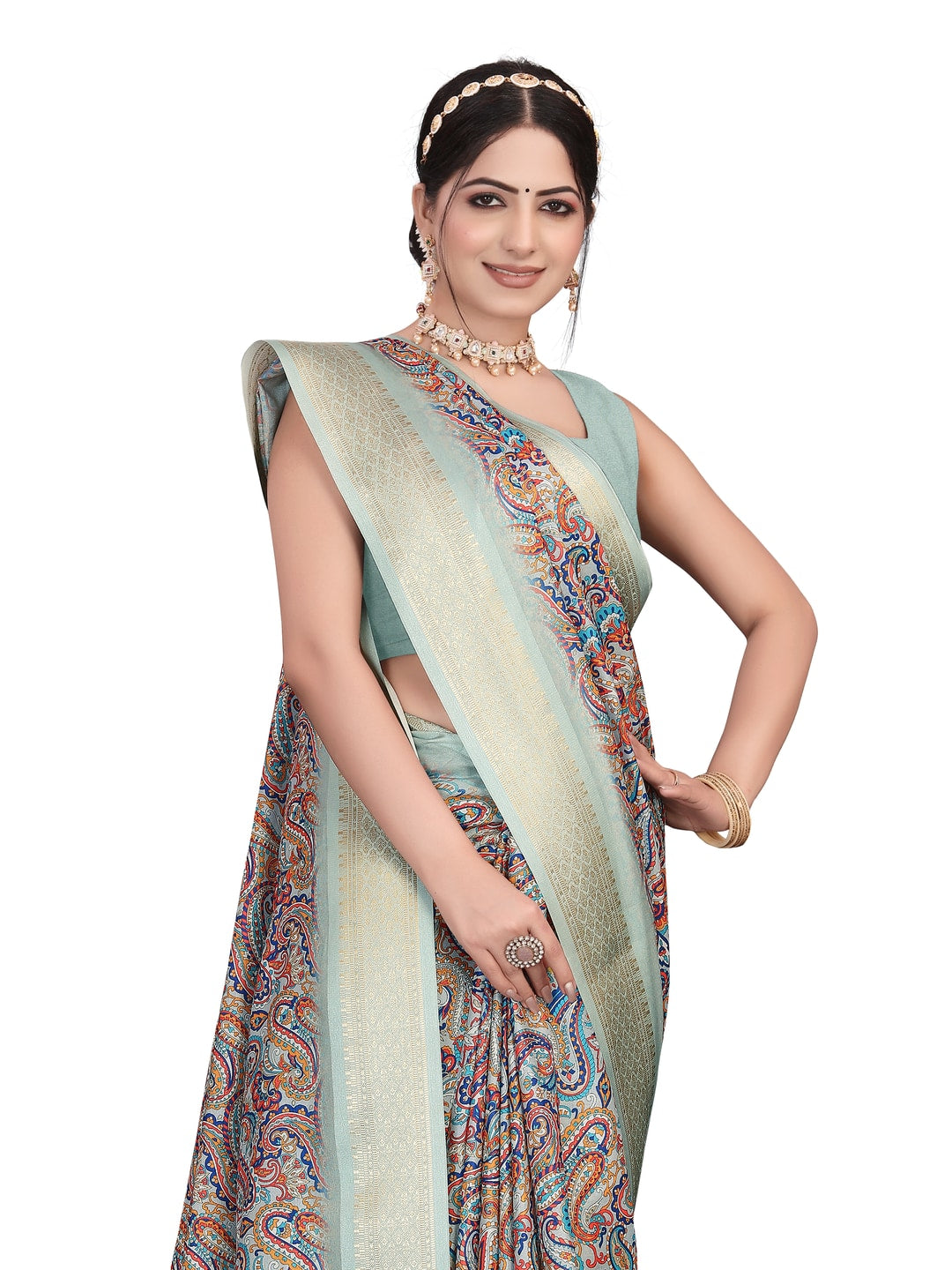Peachmode Olive Cotton Silk Digital Print Saree with Jacquard Border - Image 20