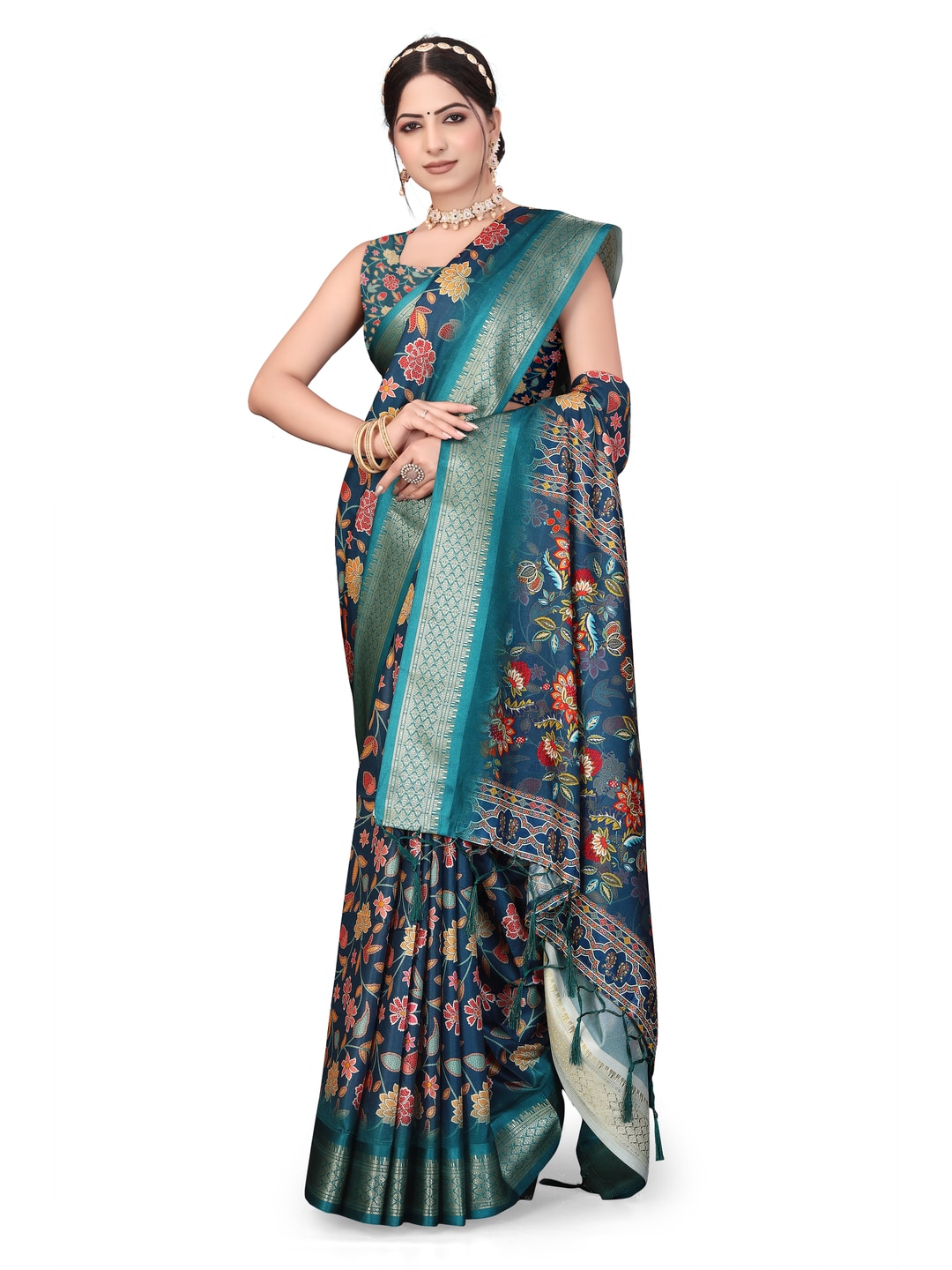 Peachmode Blue Cotton Silk Digital Print Saree with Jacquard Border - Image 28