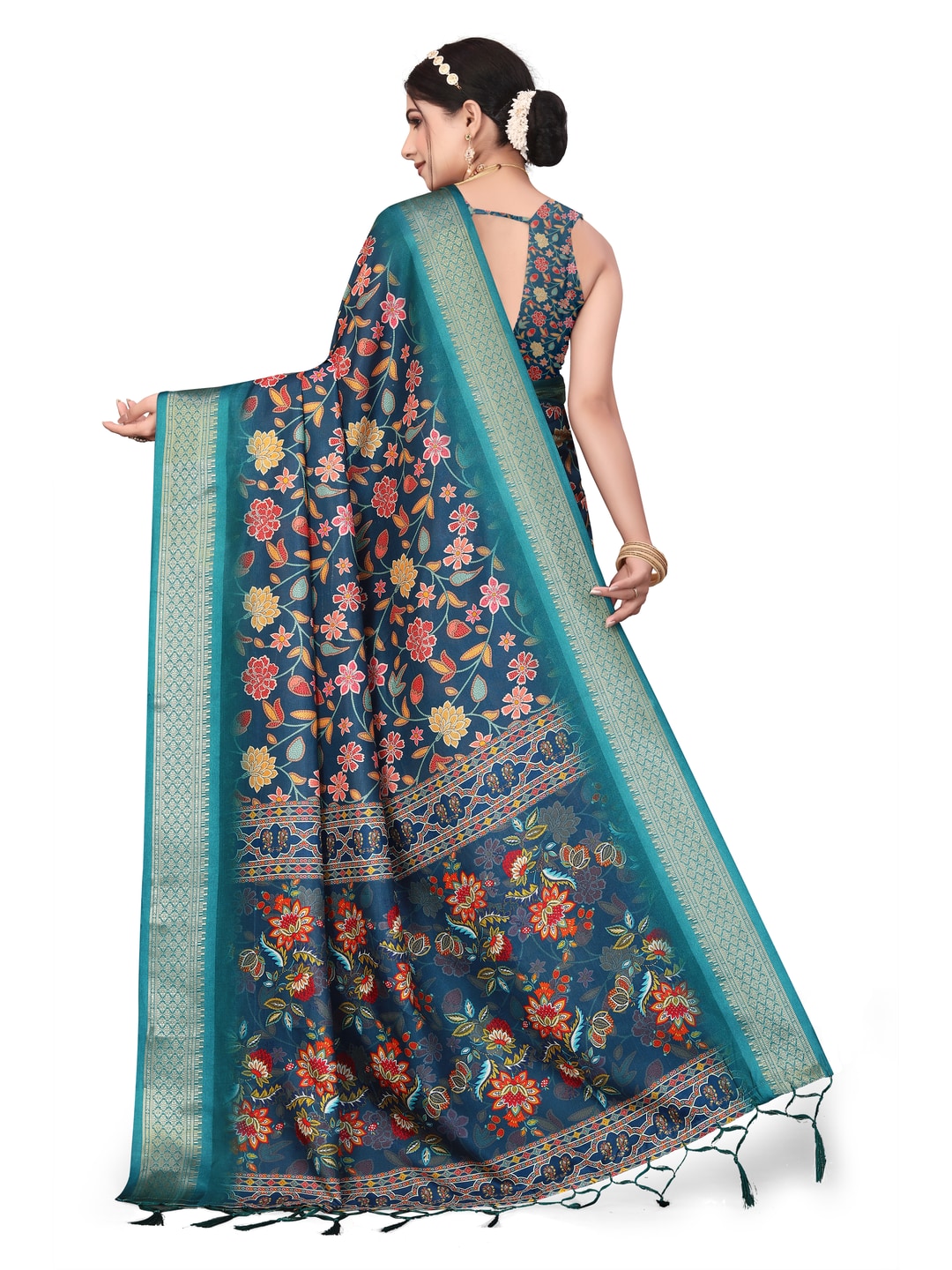 Peachmode Blue Cotton Silk Digital Print Saree with Jacquard Border - Image 29