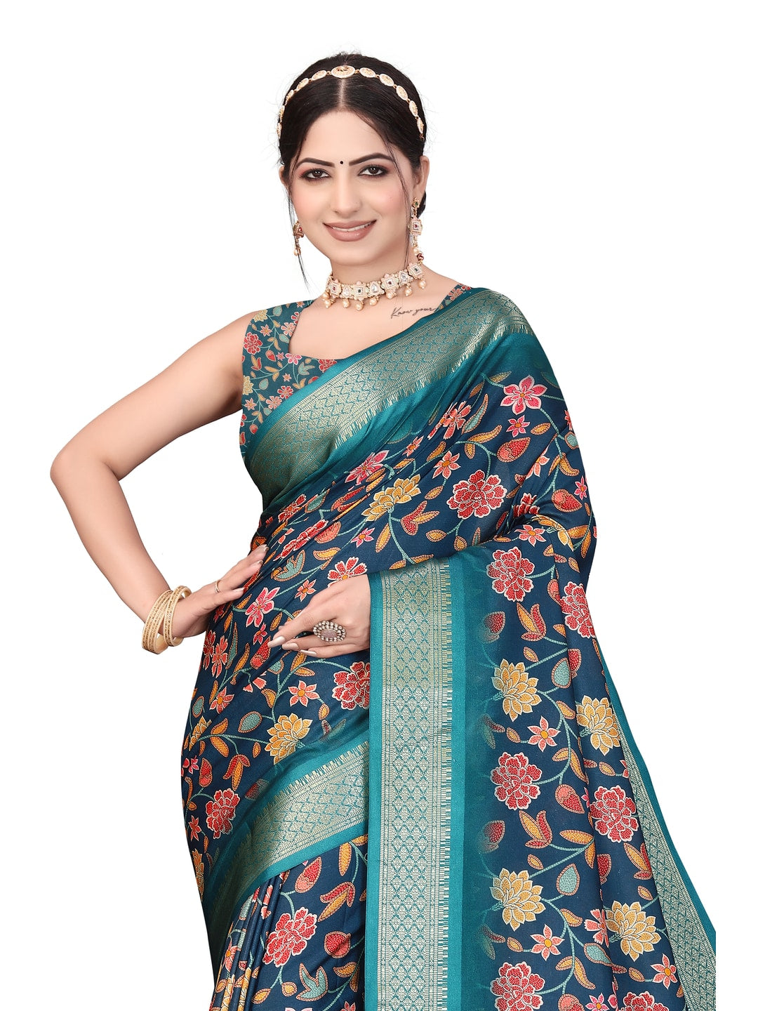 Peachmode Blue Cotton Silk Digital Print Saree with Jacquard Border - Image 21