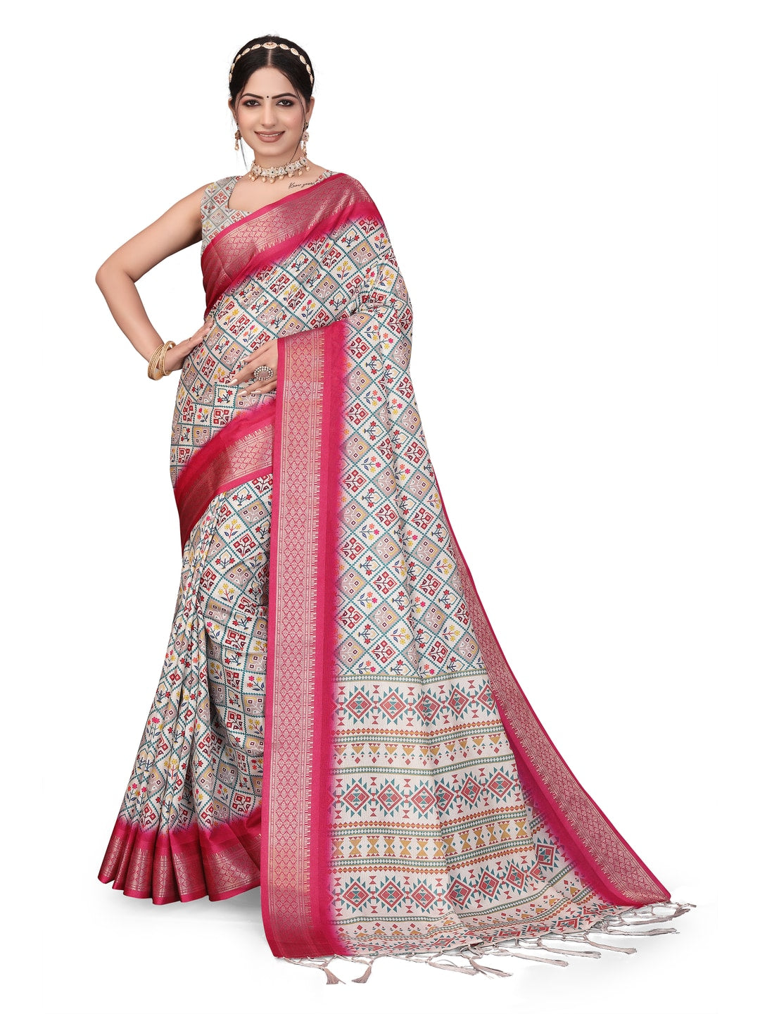 Peachmode Magenta Cotton Silk Digital Print Saree with Jacquard Border - Image 20