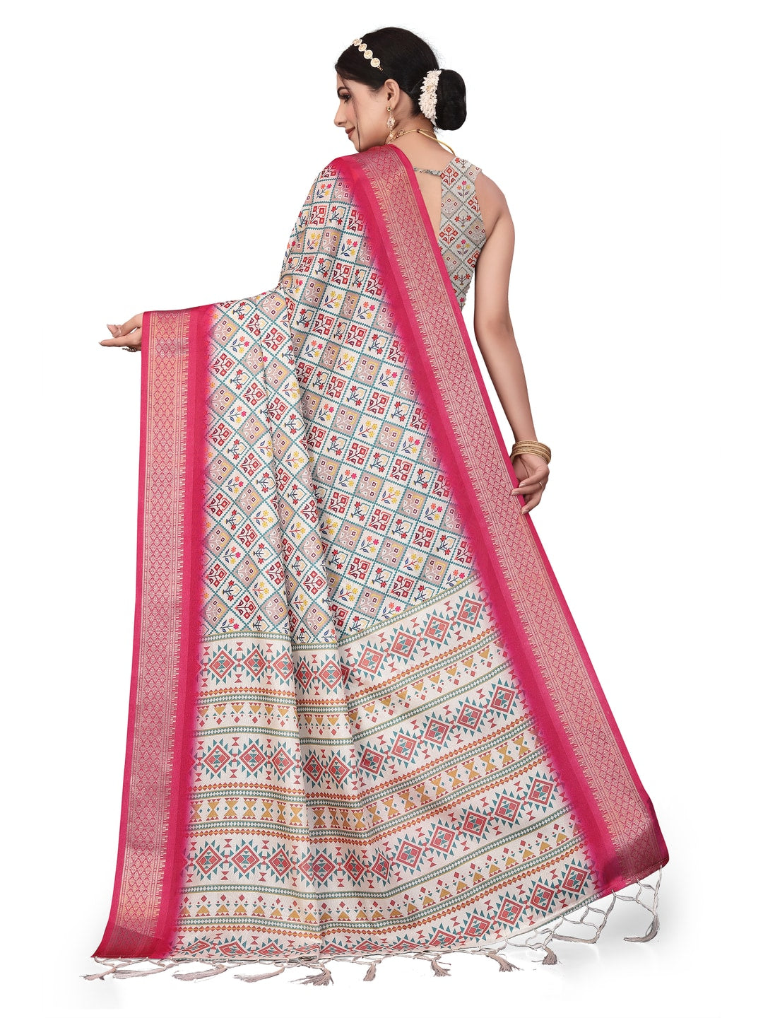 Peachmode Magenta Cotton Silk Digital Print Saree with Jacquard Border - Image 21