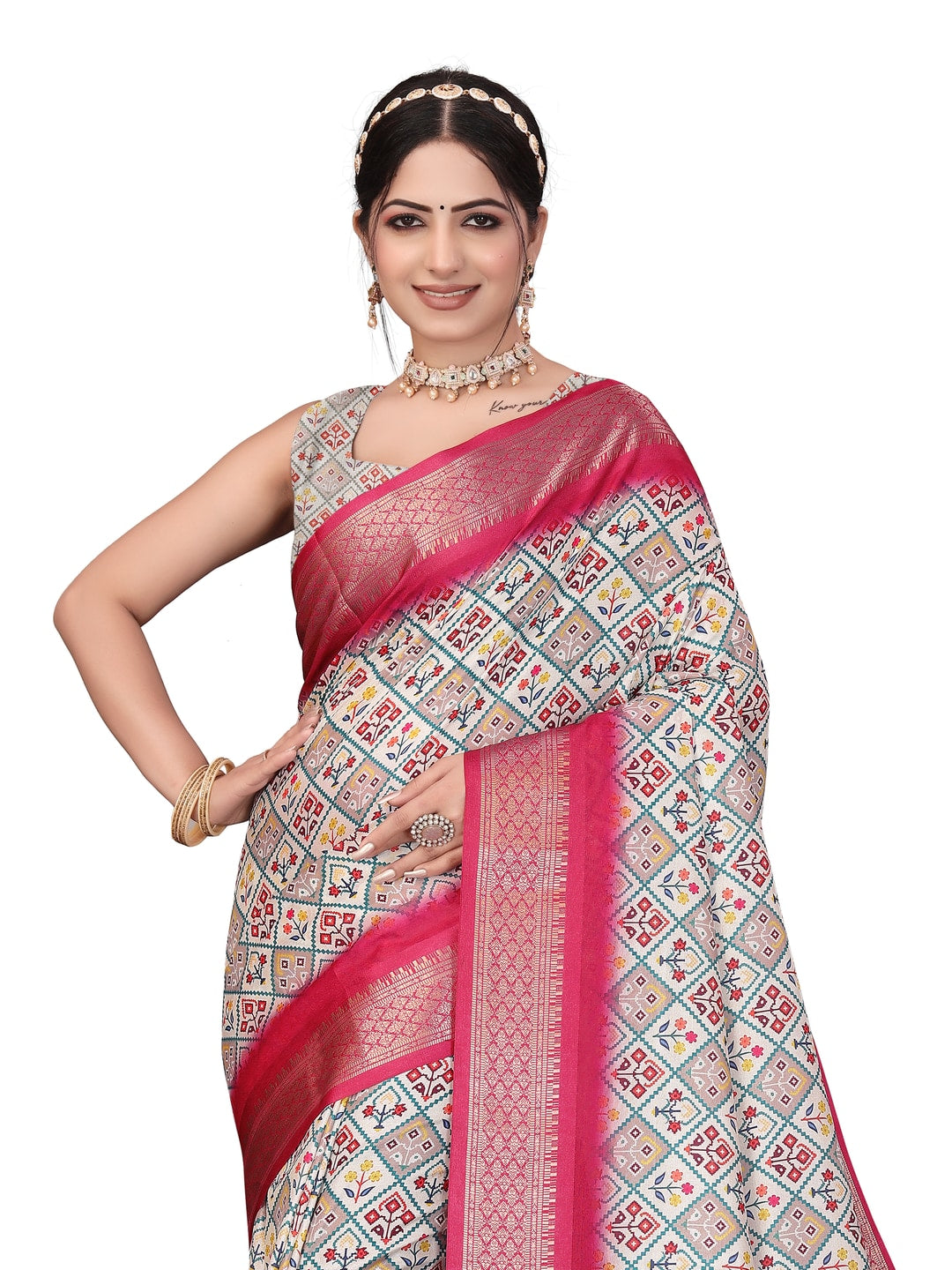 Peachmode Magenta Cotton Silk Digital Print Saree with Jacquard Border - Image 18