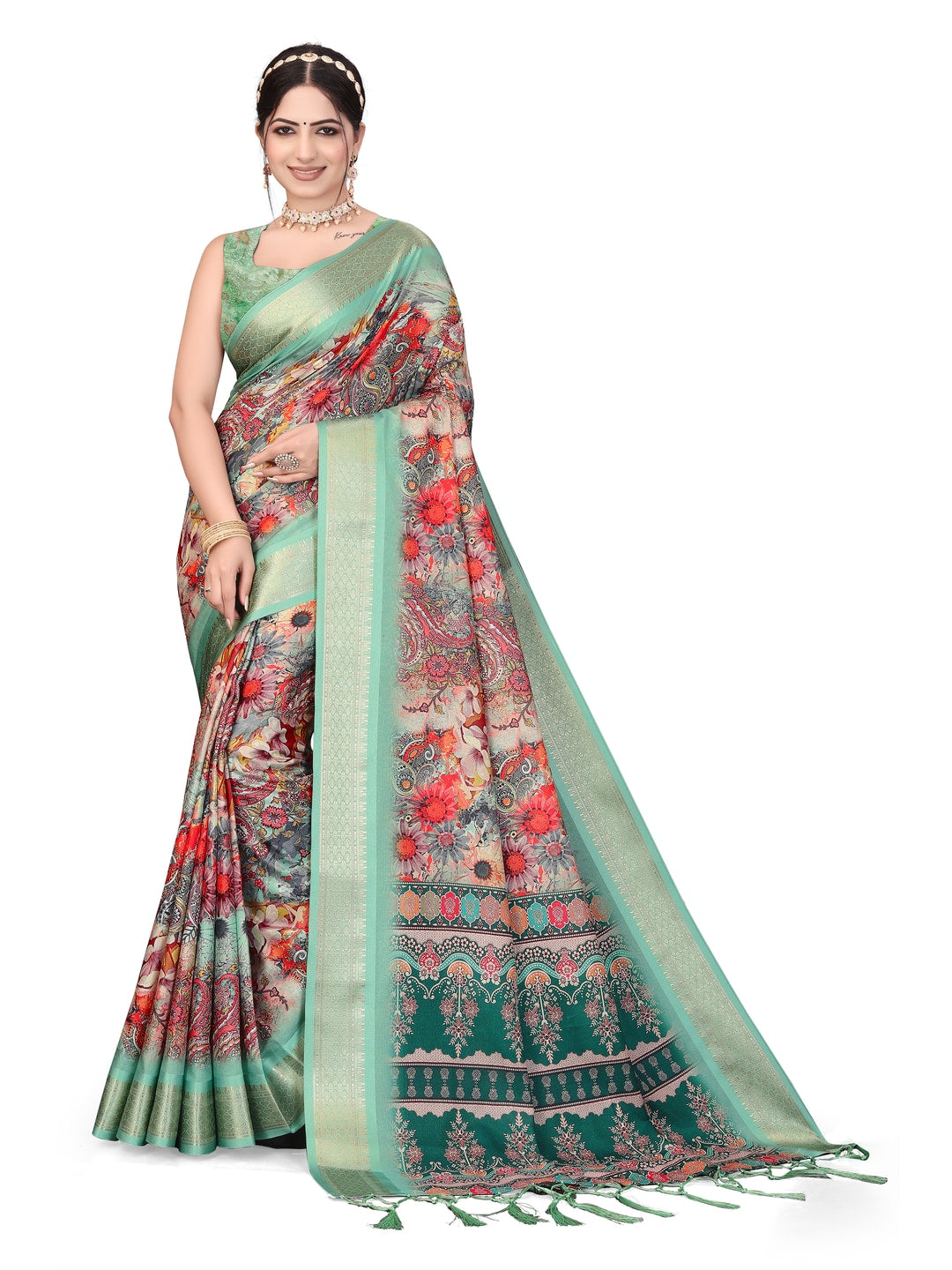 Peachmode Sea Green Cotton Silk Digital Print Saree with Jacquard Border - Image 19