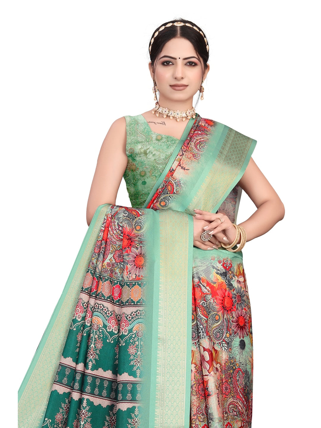 Peachmode Sea Green Cotton Silk Digital Print Saree with Jacquard Border - Image 15