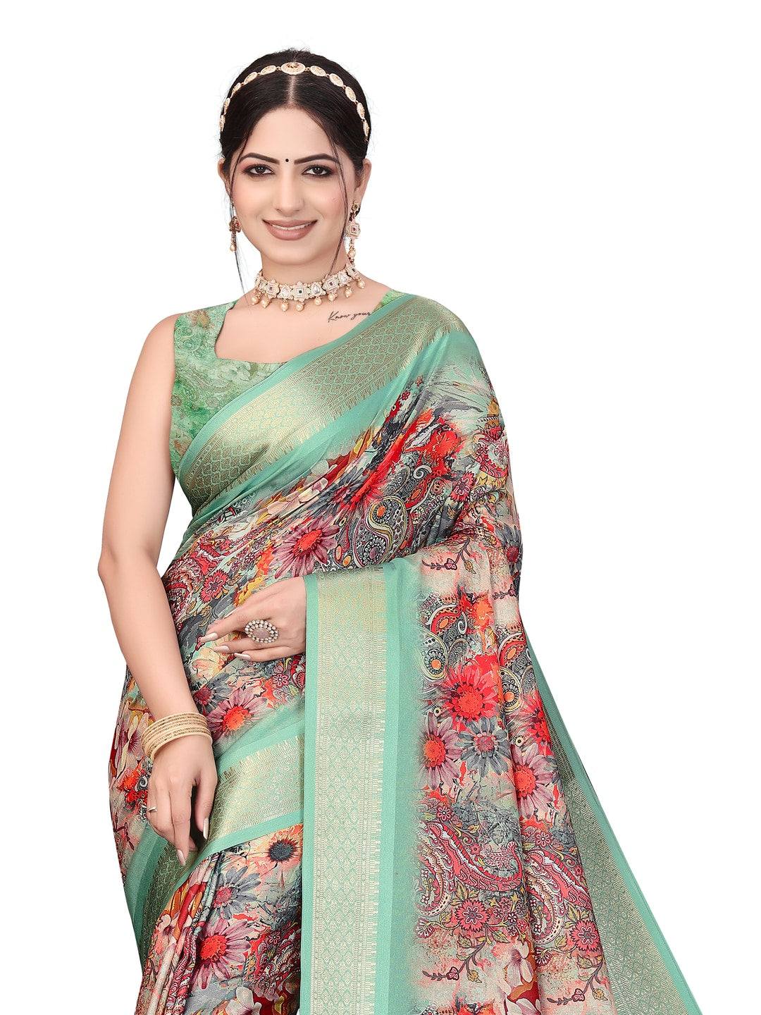 Peachmode Sea Green Cotton Silk Digital Print Saree with Jacquard Border - Image 17