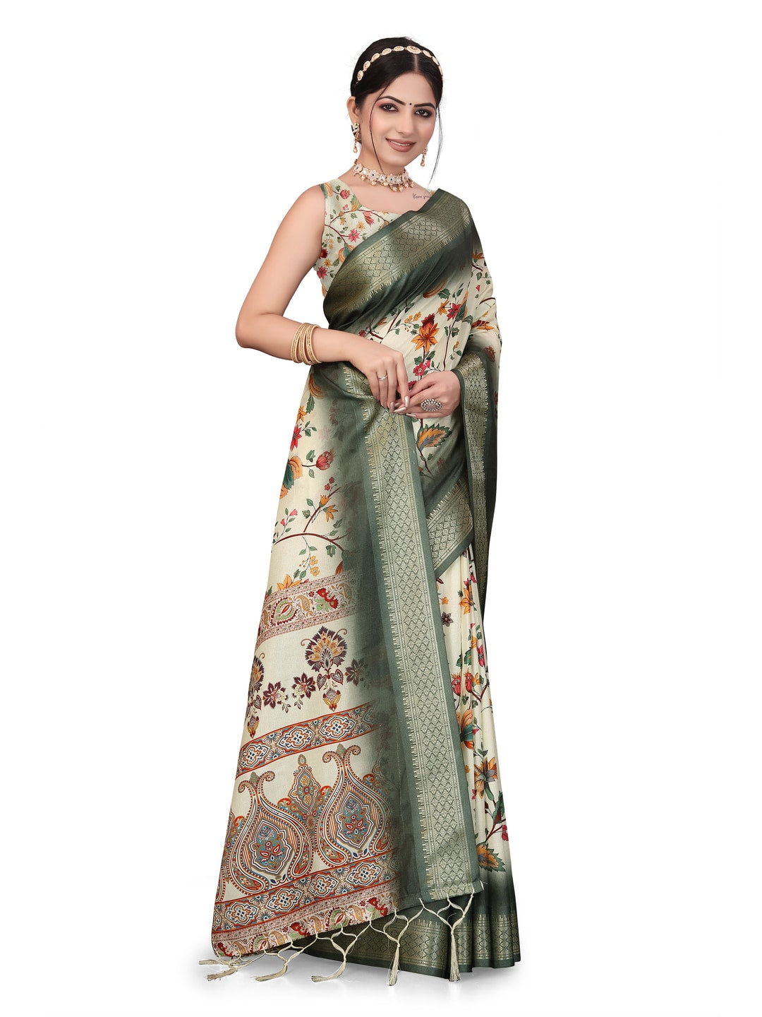 Peachmode Green Cotton Silk Digital Print Saree with Jacquard Border - Image 29