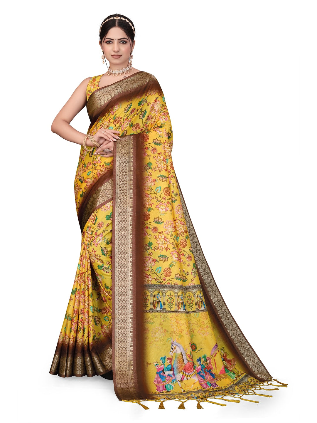 Peachmode Yellow Cotton Silk Digital Print Saree with Jacquard Border - Image 27