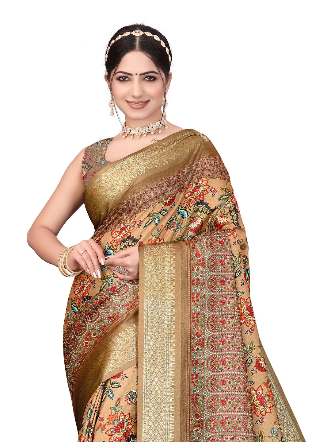 Peachmode Brown Cotton Silk Digital Print Saree with Jacquard Border - Image 21