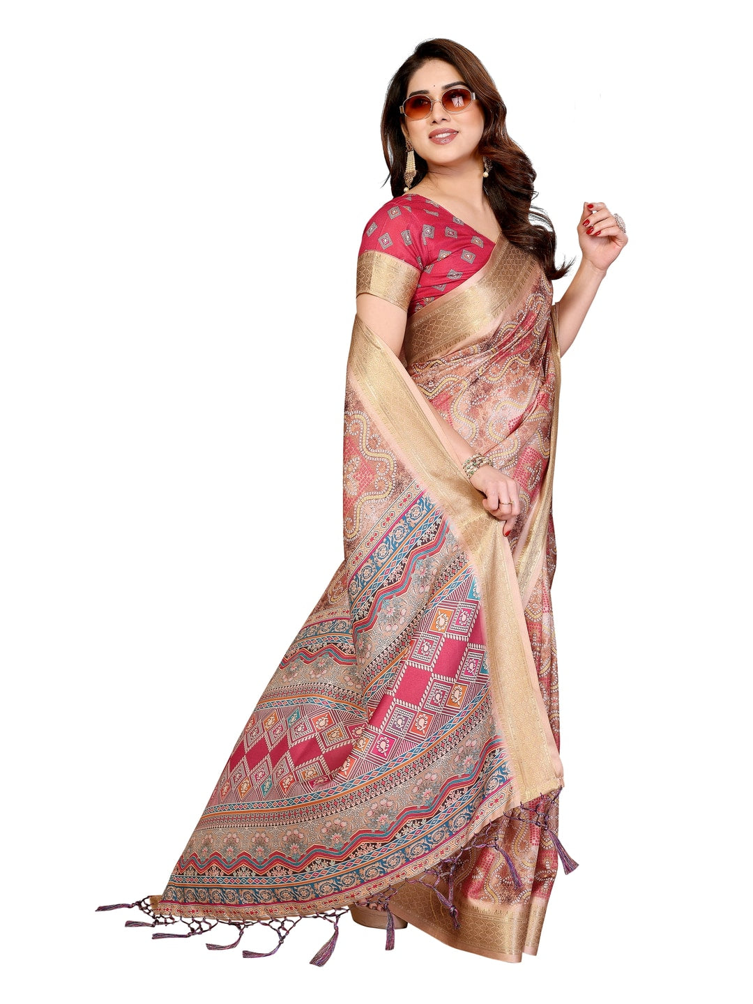 Peachmode Chikoo Cotton Silk Bandhej Print Saree with Zari Border - Image 25