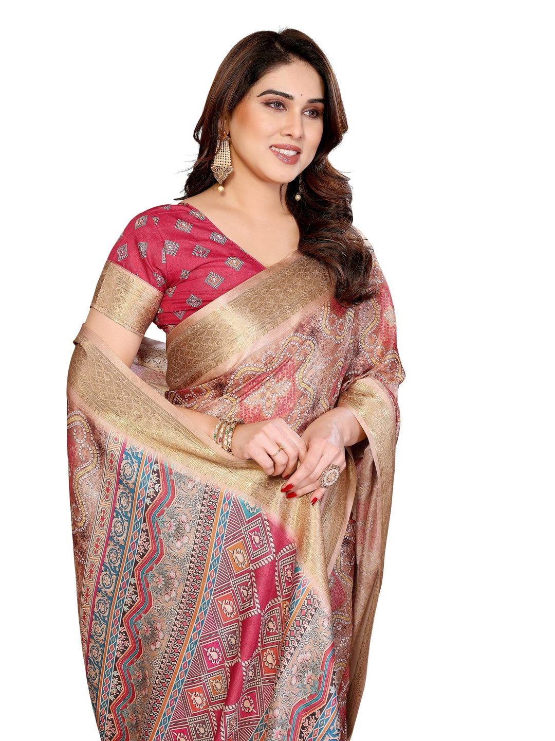 Peachmode Chikoo Cotton Silk Bandhej Print Saree with Zari Border - Image 14