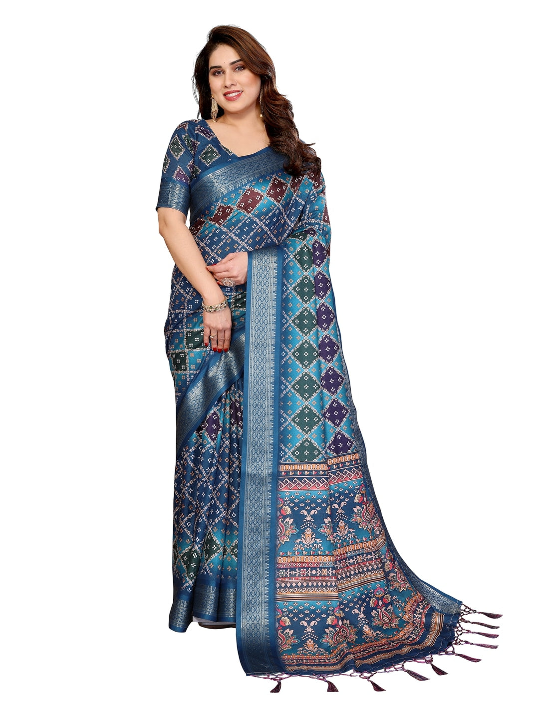 Peachmode Teal Cotton Silk Bandhej Print Saree with Zari Border - Image 22