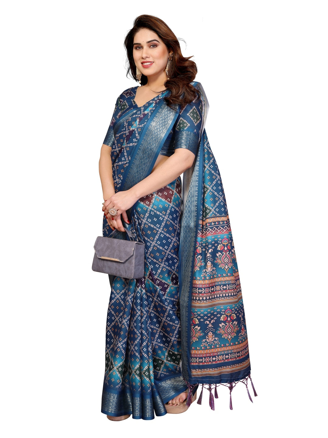 Peachmode Teal Cotton Silk Bandhej Print Saree with Zari Border - Image 25