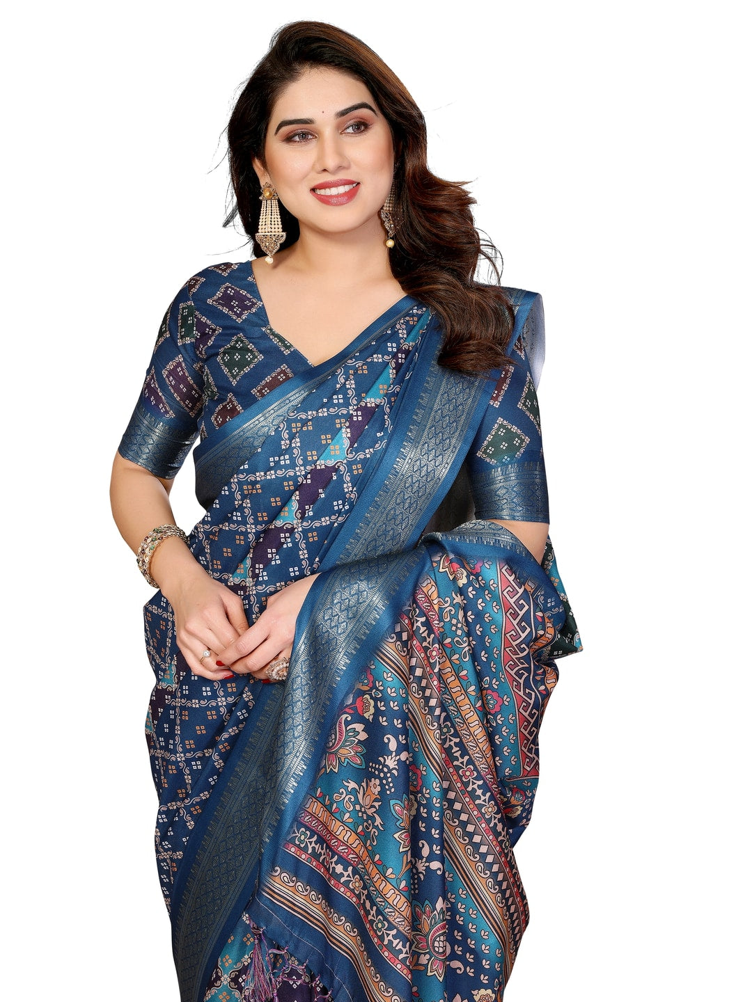 Peachmode Teal Cotton Silk Bandhej Print Saree with Zari Border - Image 14