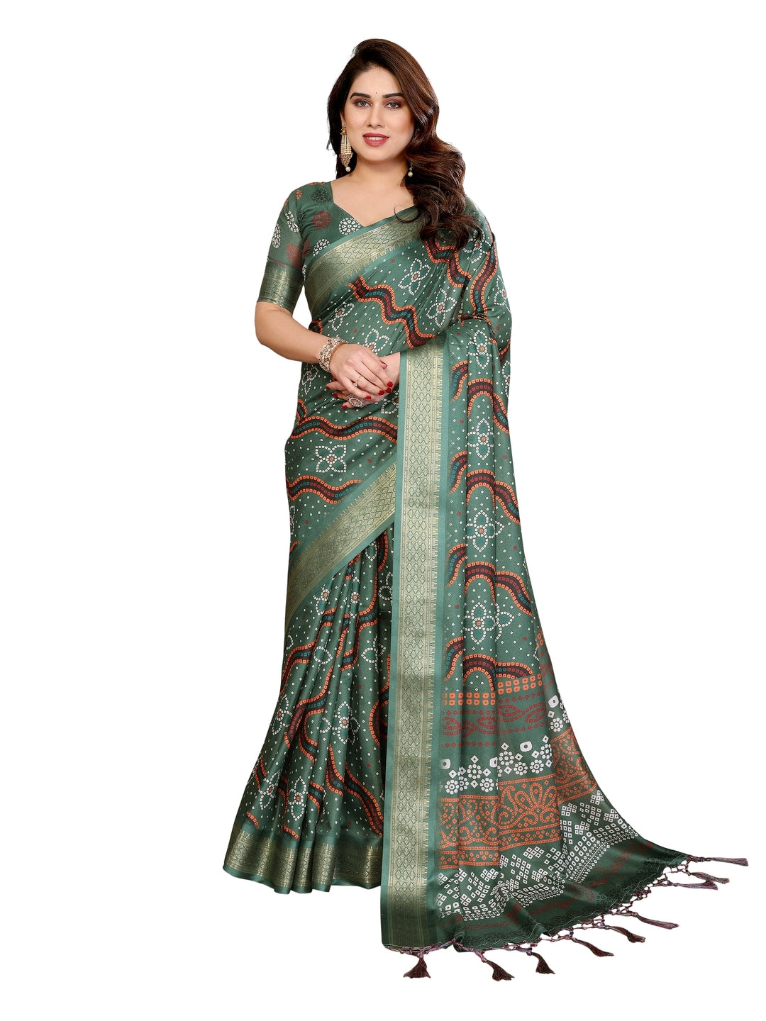 Peachmode Green Cotton Silk Bandhej Print Saree with Zari Border - Image 22
