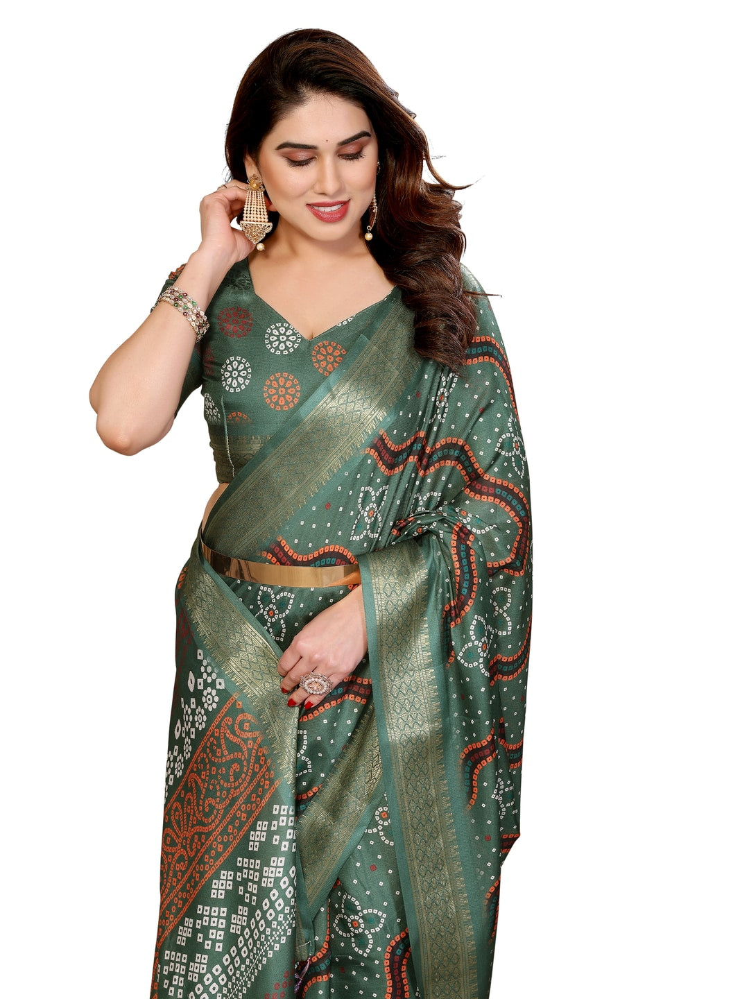 Peachmode Green Cotton Silk Bandhej Print Saree with Zari Border - Image 15