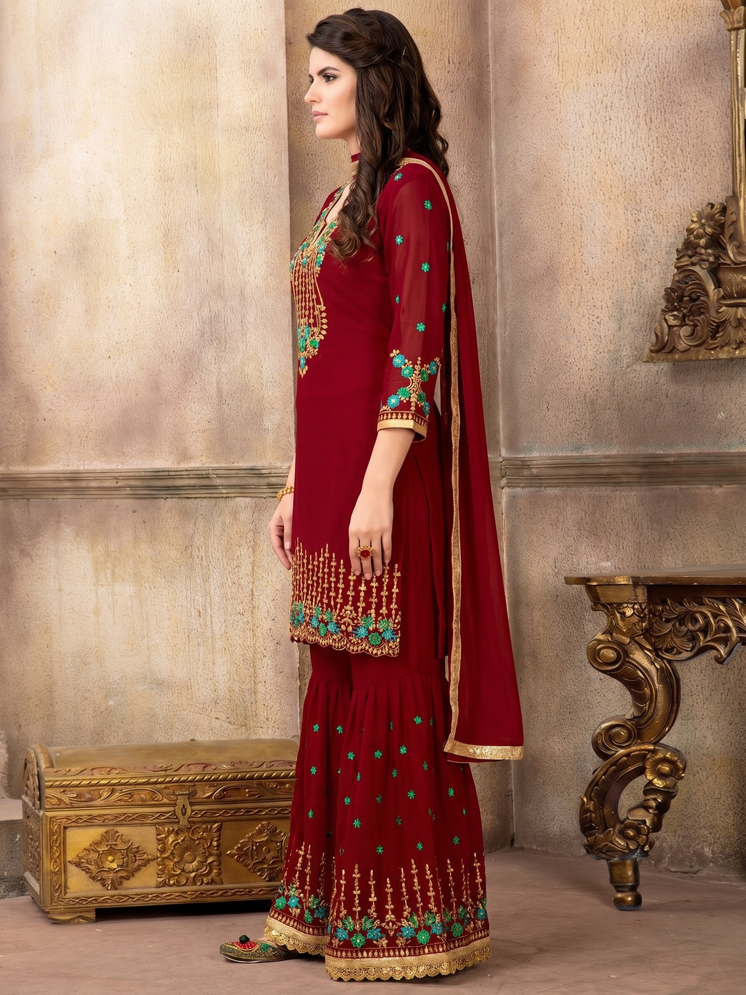 Impressive Red Colored Party Wear Embroidered Faux Georgette Palazzo Suit - Image 1