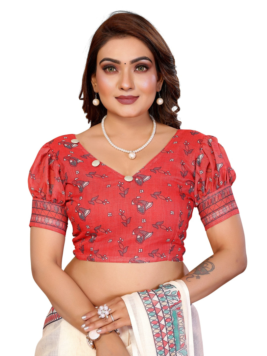 Peachmode Red Soft Linen Cotton Printed Saree - Image 13