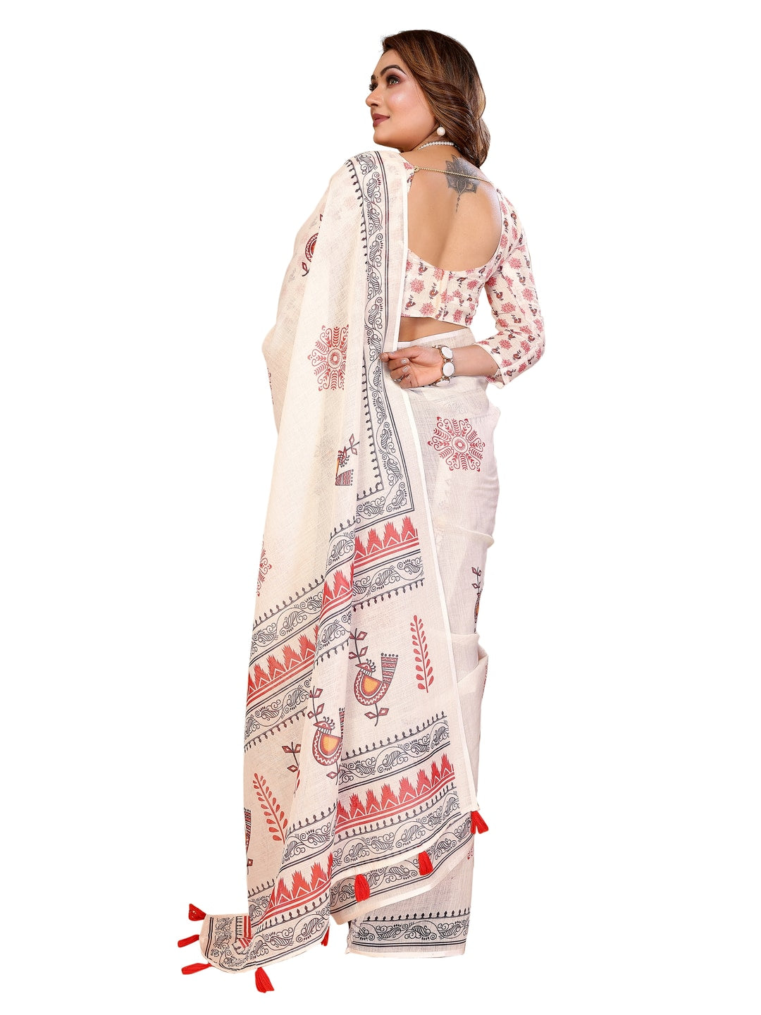 Peachmode Purple Soft Linen Cotton Printed Saree - Image 19