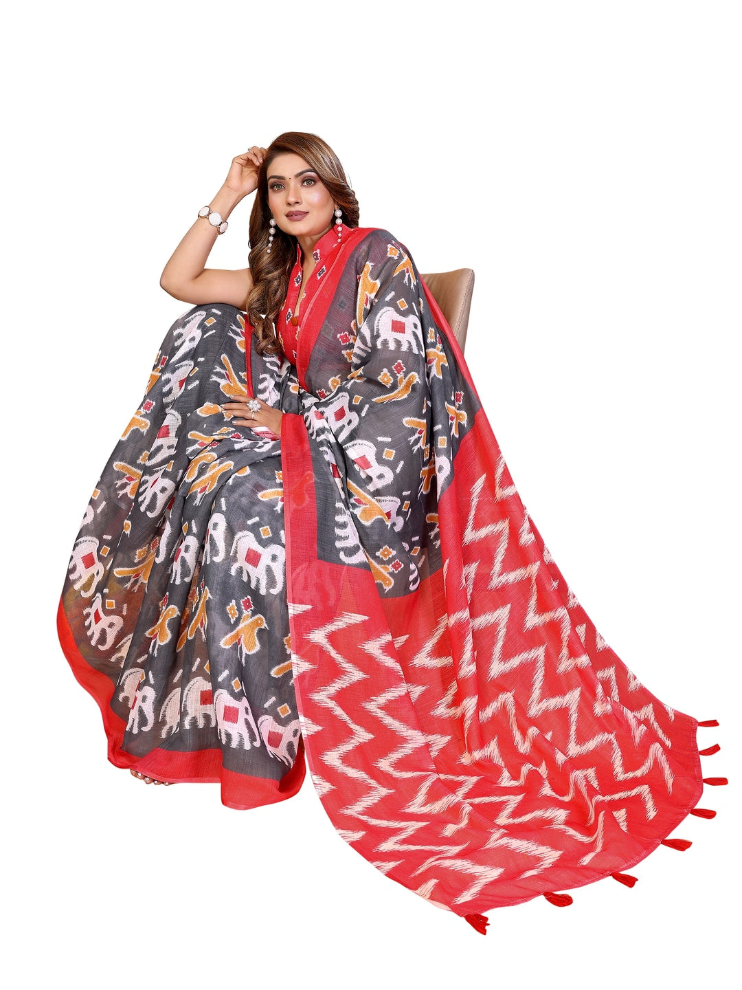 Peachmode Pink Soft Linen Cotton Printed Saree - Image 20