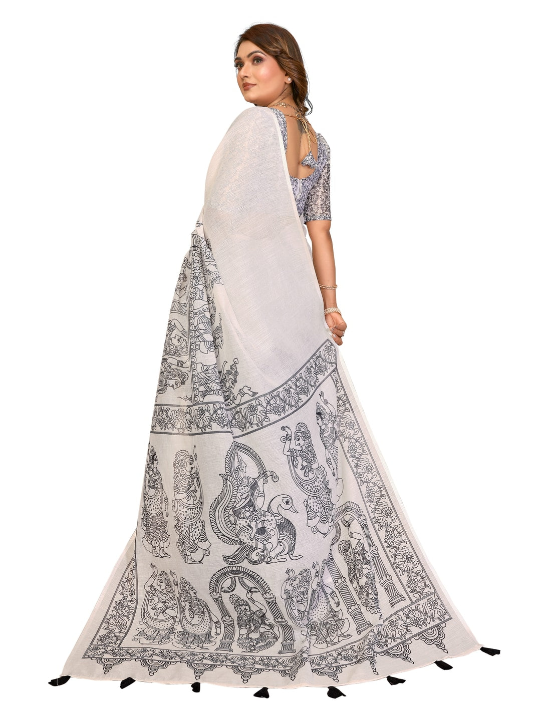 Peachmode Mustard Soft Linen Cotton Printed Saree - Image 17