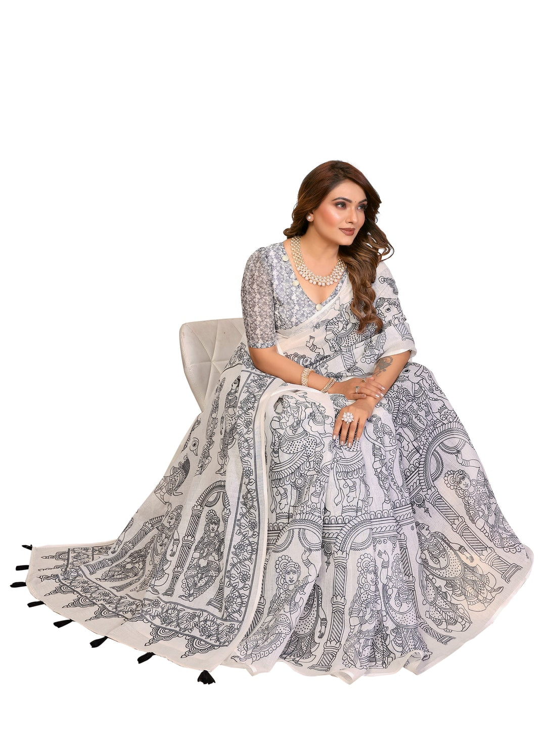 Peachmode Mustard Soft Linen Cotton Printed Saree - Image 18