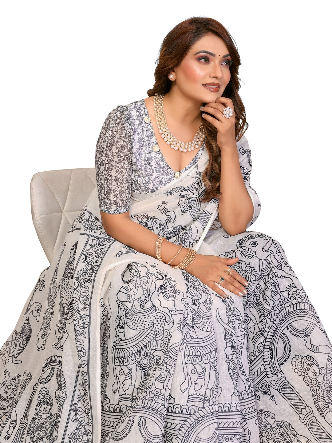 Peachmode Mustard Soft Linen Cotton Printed Saree - Image 11