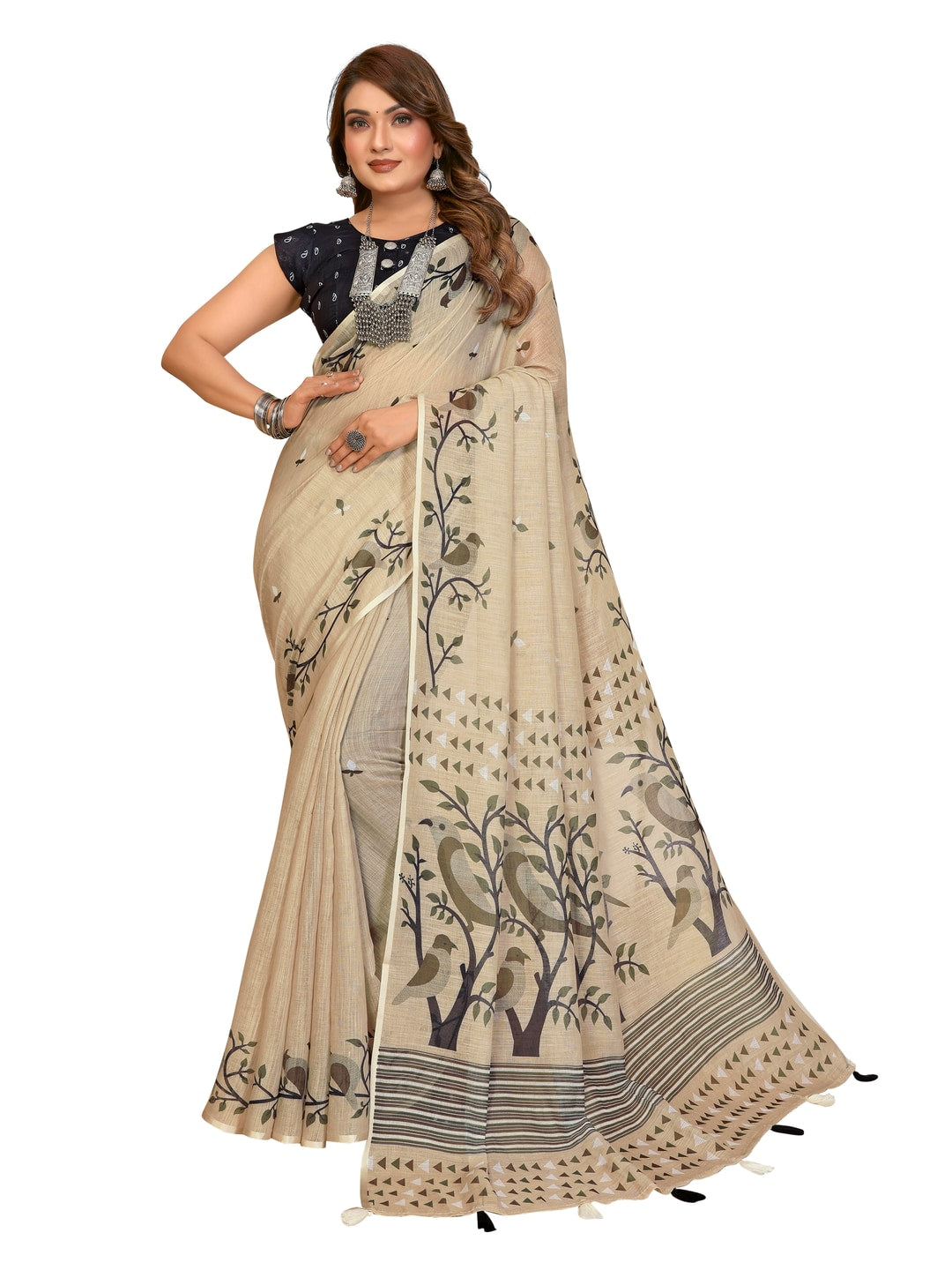 Peachmode Wine Soft Linen Cotton Printed Saree - Image 15