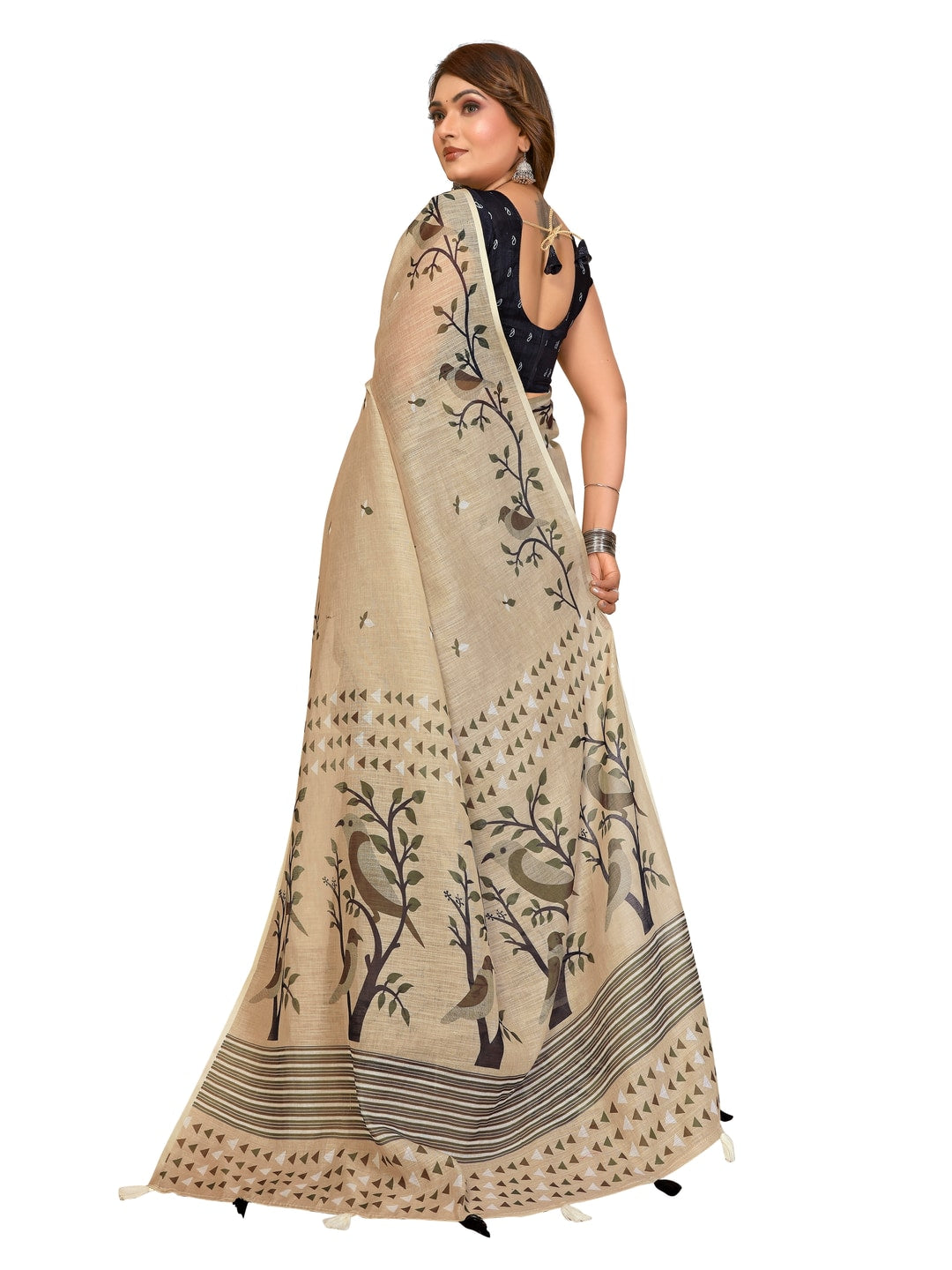 Peachmode Wine Soft Linen Cotton Printed Saree - Image 17