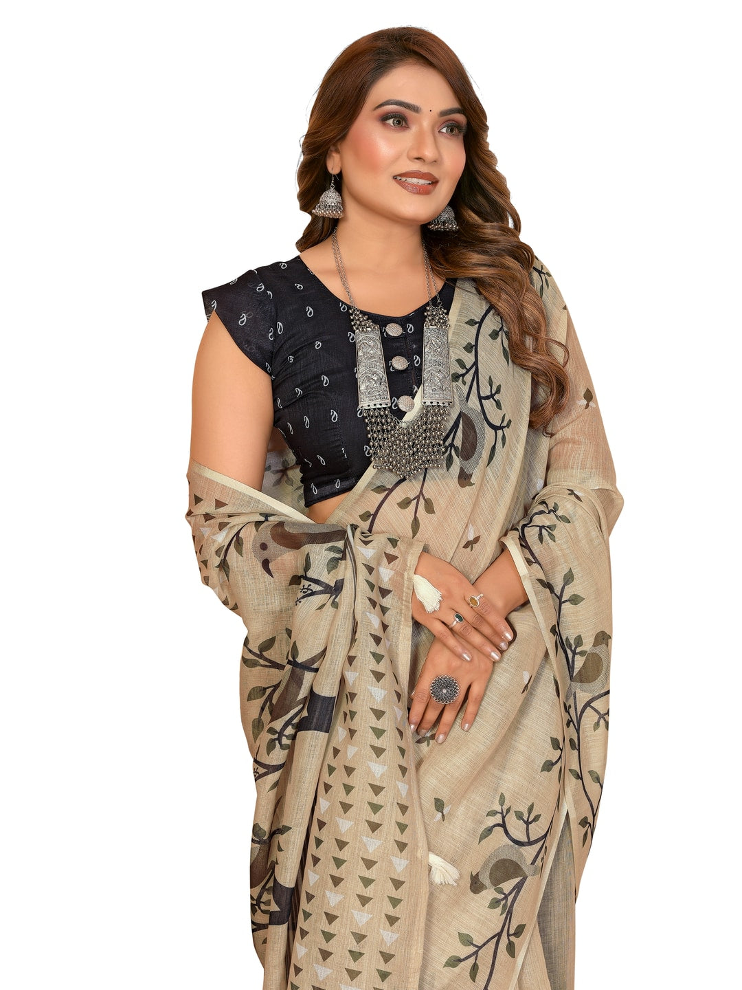 Peachmode Wine Soft Linen Cotton Printed Saree - Image 11