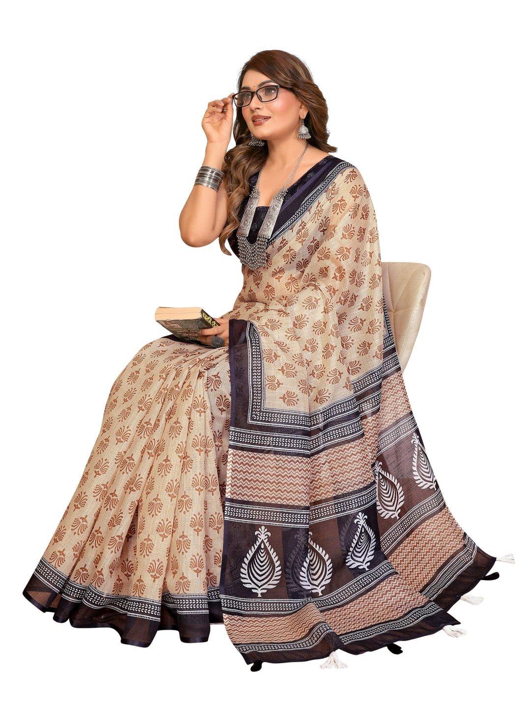 Peachmode Blue Soft Linen Cotton Printed Saree - Image 15