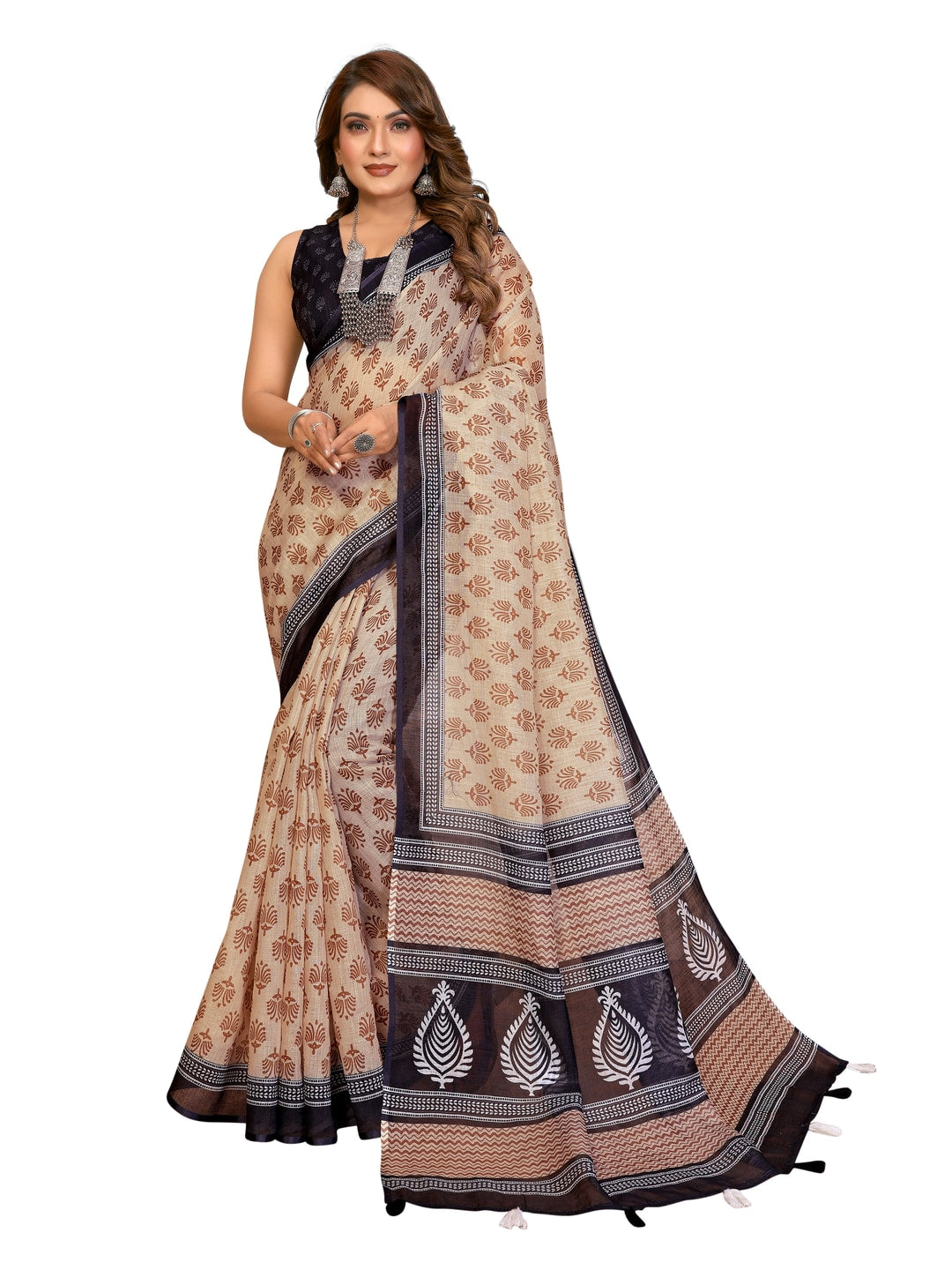 Peachmode Blue Soft Linen Cotton Printed Saree - Image 18