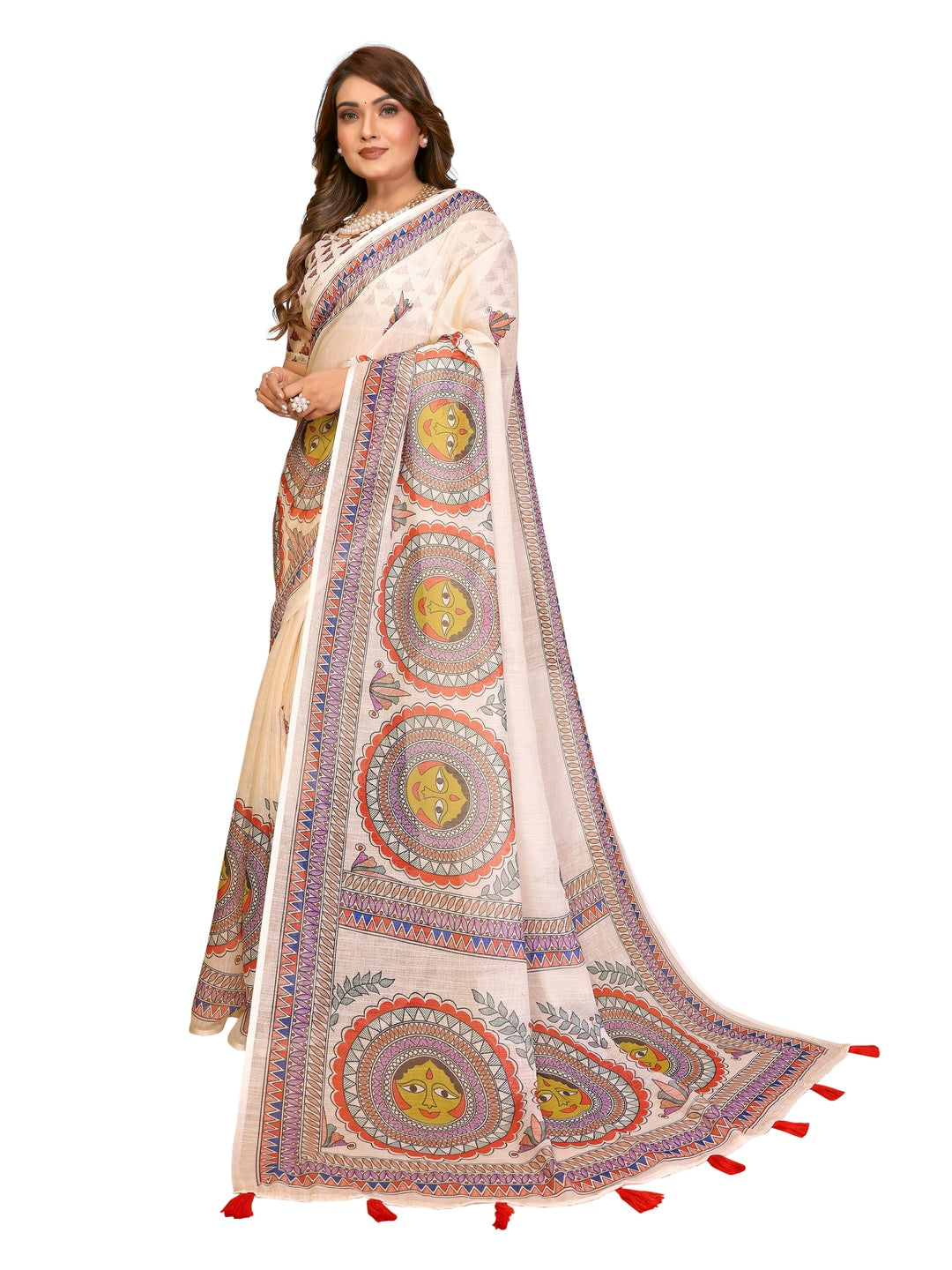Peachmode Green Soft Linen Cotton Printed Saree - Image 16