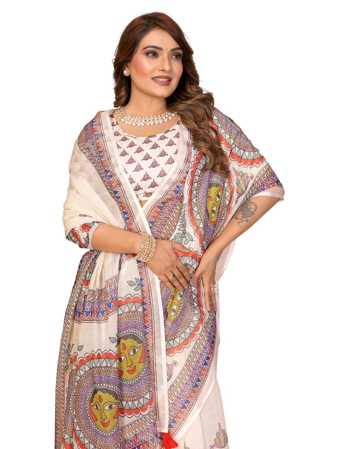 Peachmode Green Soft Linen Cotton Printed Saree - Image 11