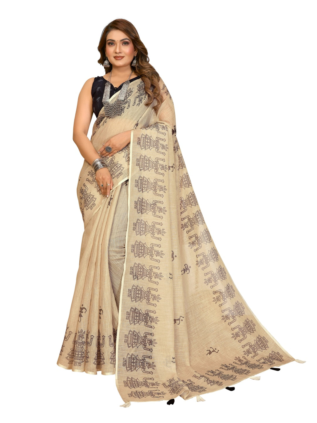 Peachmode Pink Soft Linen Cotton Printed Saree - Image 15