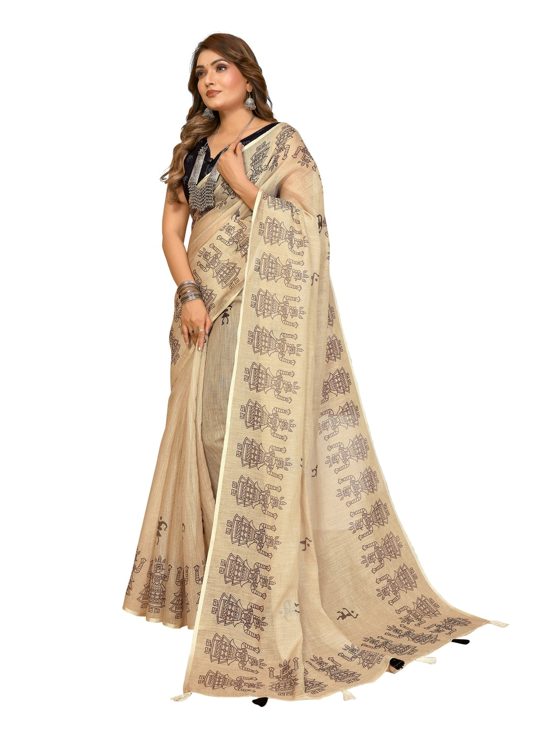 Peachmode Pink Soft Linen Cotton Printed Saree - Image 16