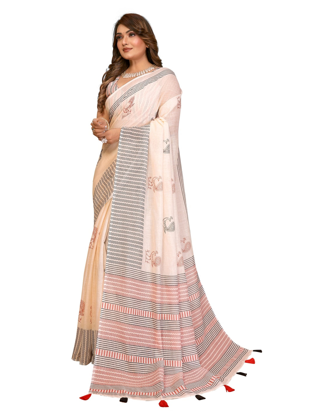 Peachmode Grey Soft Linen Cotton Printed Saree - Image 16