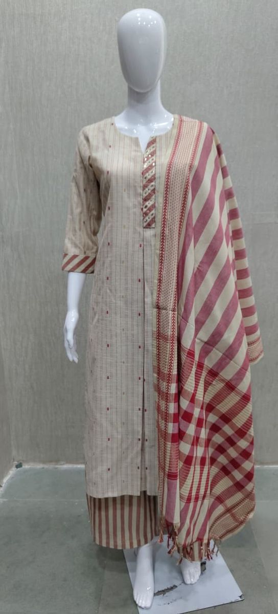 Peachmode Cream Cotton Striped Salwar Suit - Image 1