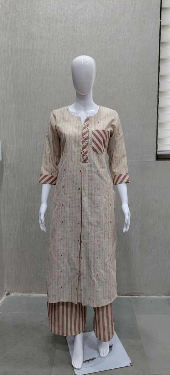 Peachmode Cream Cotton Striped Salwar Suit - Image 4