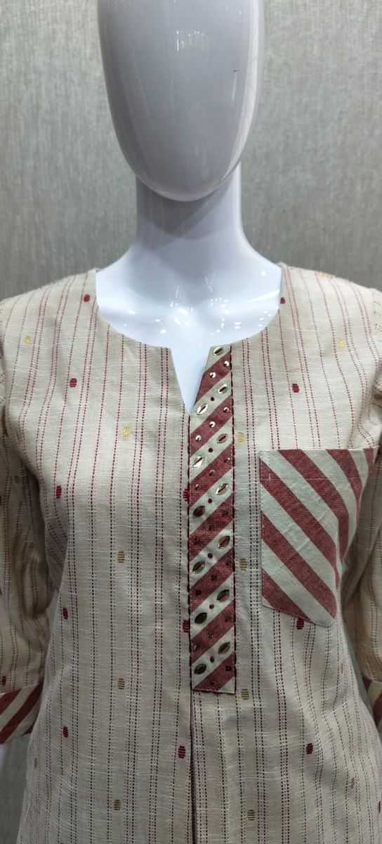 Peachmode Cream Cotton Striped Salwar Suit - Image 3
