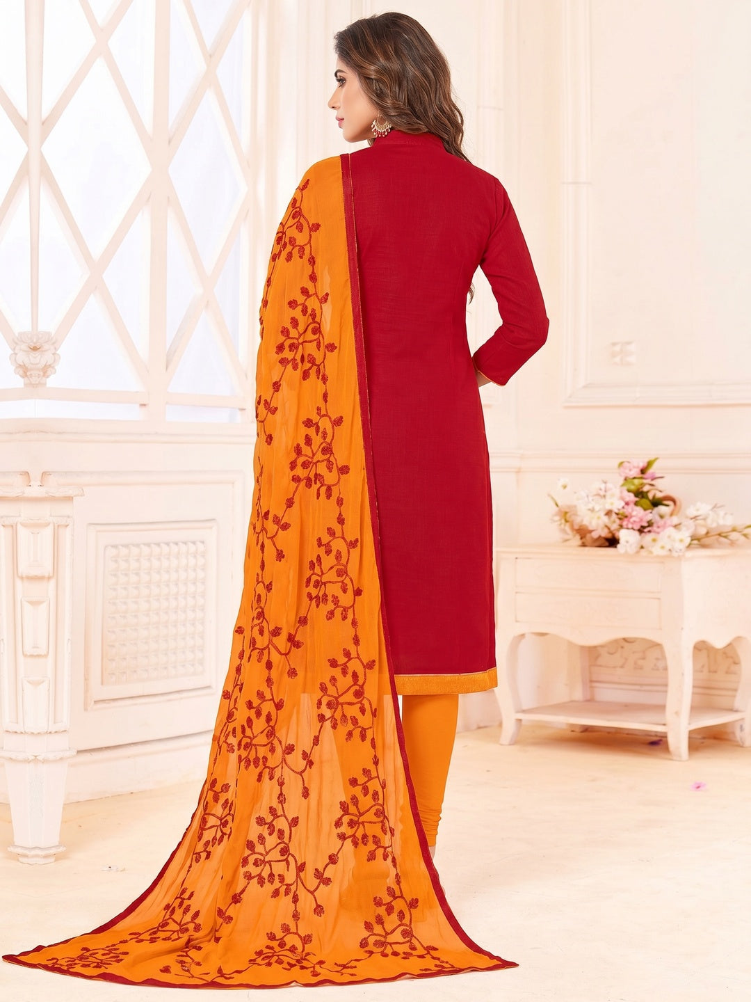 Glowing Red Colored Embroidered Cotton Dress Material - Image 1