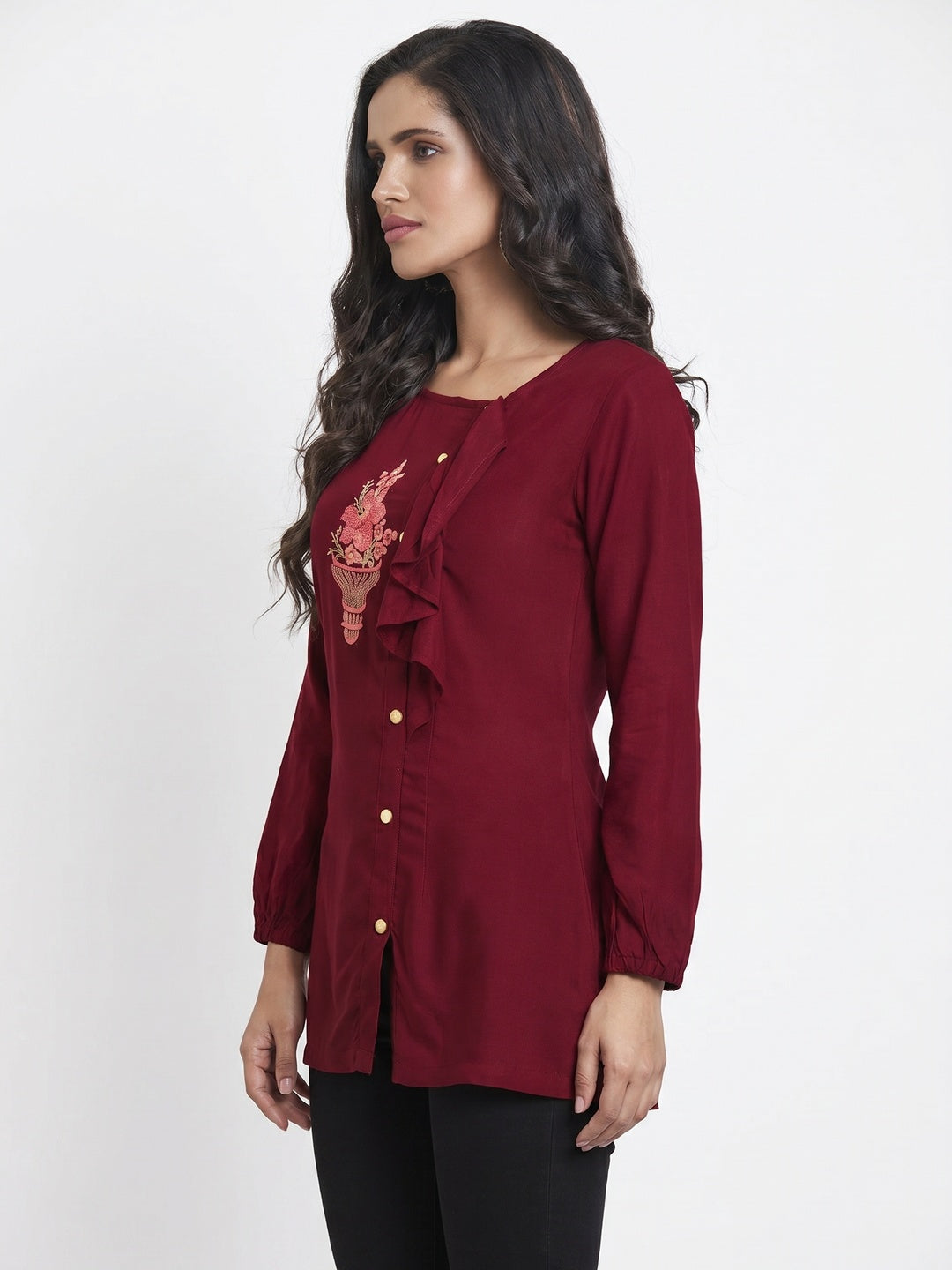 Appealing Red Colored Partywear Embroidered Rayon Western Top - Image 1