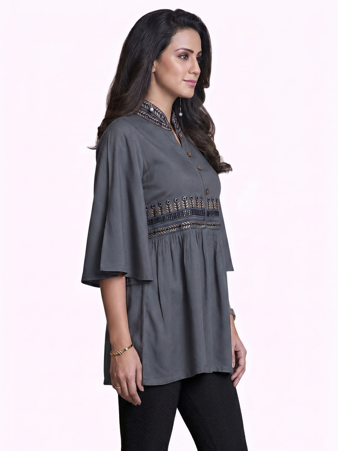 Captivating Dark Gray Colored Partywear Embroidered Rayon Western Top - Image 1