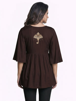 Prominent Dark Brown Colored Partywear Embroidered Rayon Western Top - Image 1