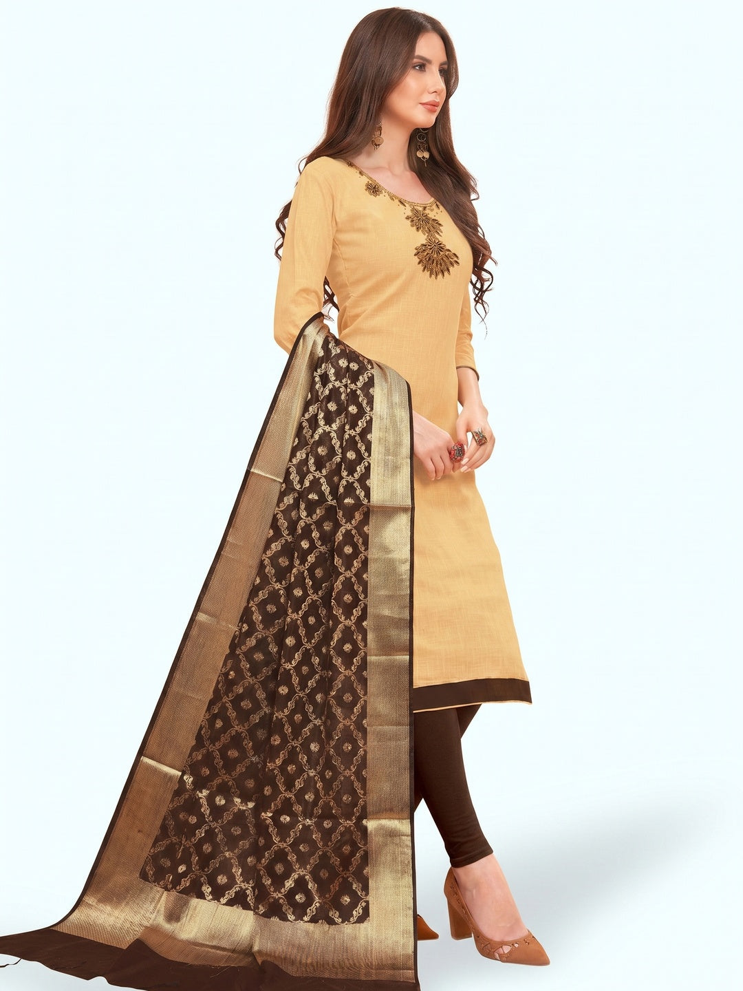 Glowing Beige Colored Casual Wear Embroidered Cotton Dress Material With Banarasi Silk Dupatta - Image 2