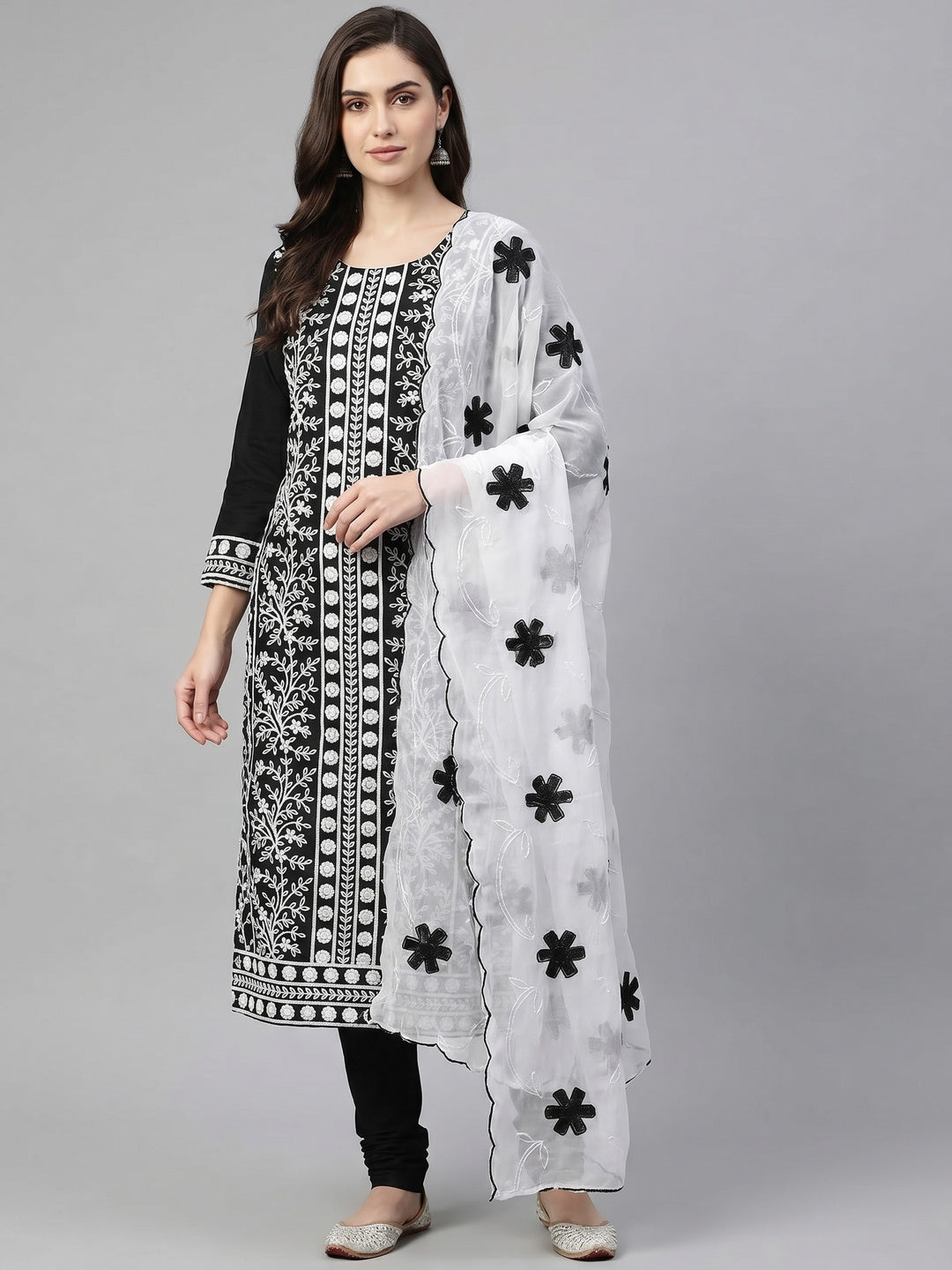 Demanding Black Colored Casual Wear Embroidered Cotton Dress Material - Image 1