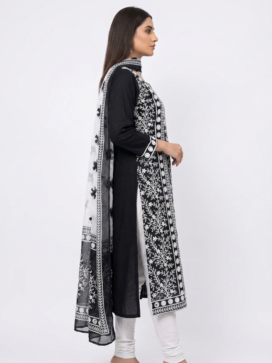 Demanding Black Colored Casual Wear Embroidered Cotton Dress Material - Image 3